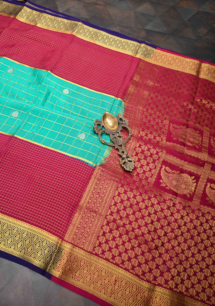 Sea Green Mysore Silk Saree with Checks and Checked Panel Zari Border in KSIC Grade Thickness| SILK MARK CERTIFIED