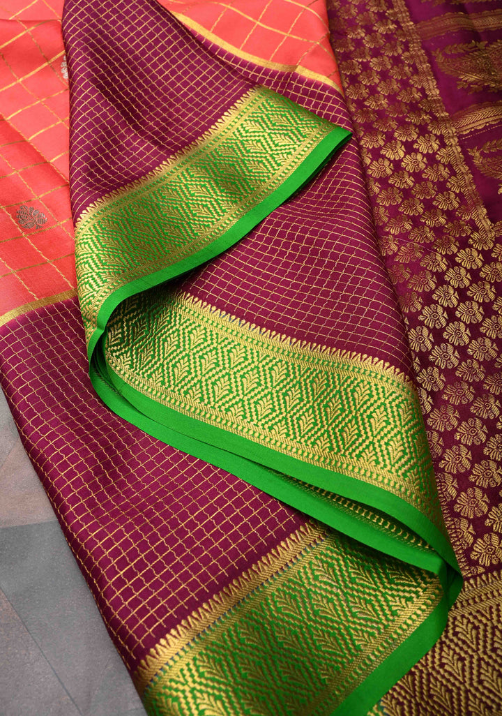 Orange Mysore Silk Saree With Checks And Checked Panel Zari Border in KSIC Grade Thickness| SILK MARK CERTIFIED