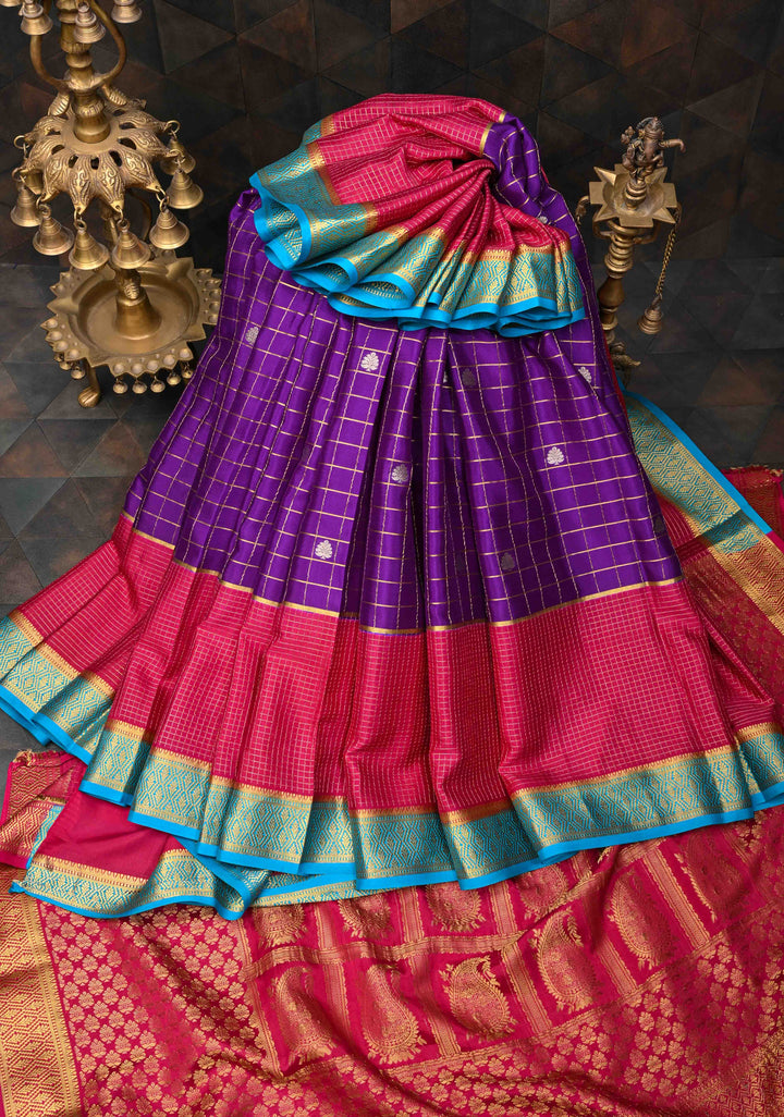 Aubergine Purple Mysore Silk Saree With Checks And Checked Panel Zari Border in KSIC Grade Thickness| SILK MARK CERTIFIED