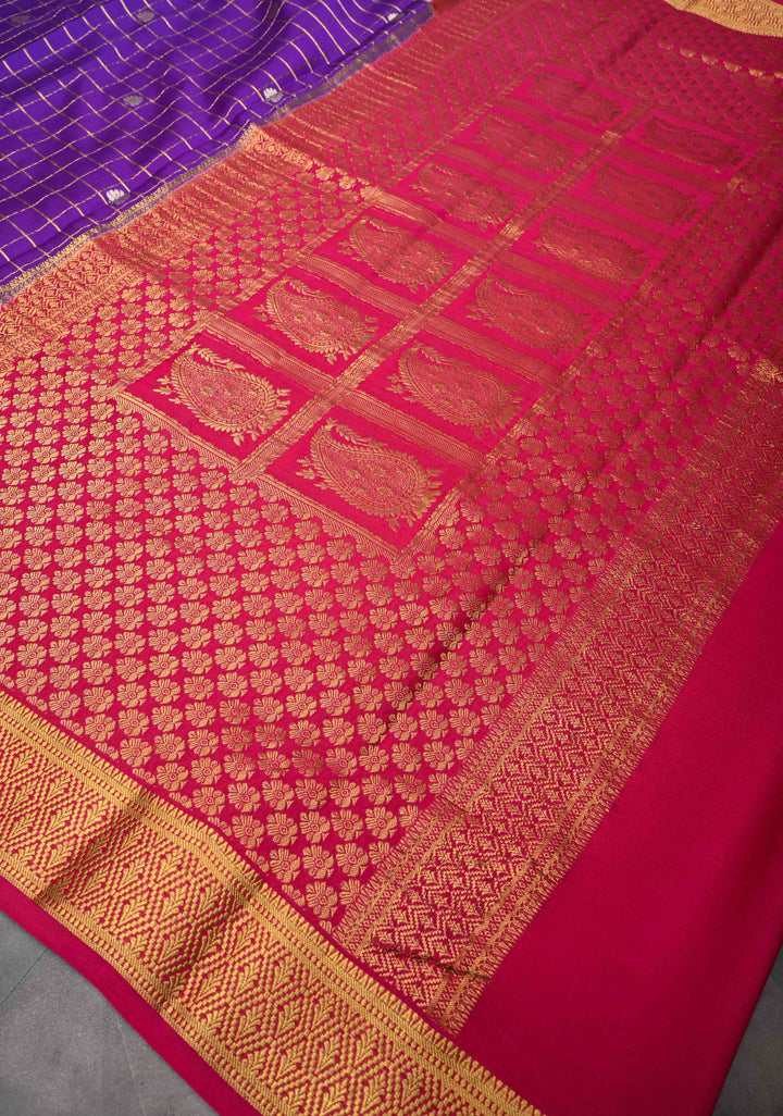 Aubergine Purple Mysore Silk Saree With Checks And Checked Panel Zari Border in KSIC Grade Thickness| SILK MARK CERTIFIED