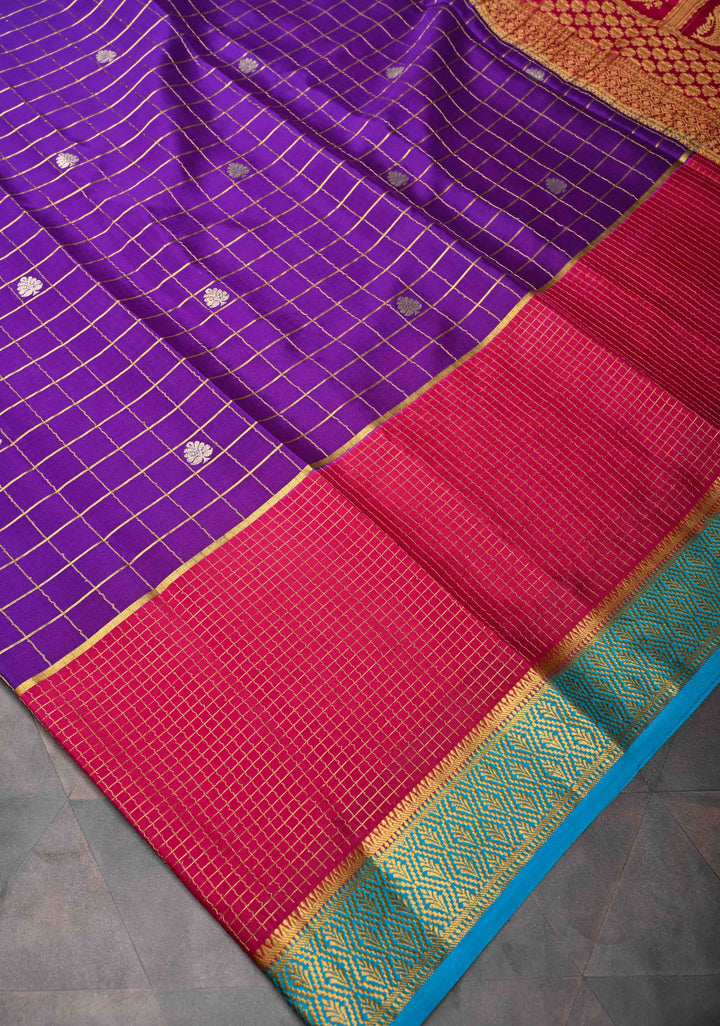 Aubergine Purple Mysore Silk Saree With Checks And Checked Panel Zari Border in KSIC Grade Thickness| SILK MARK CERTIFIED