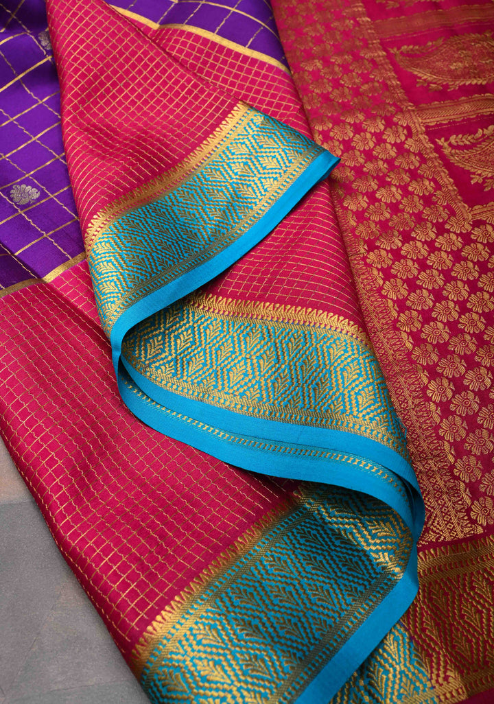 Aubergine Purple Mysore Silk Saree With Checks And Checked Panel Zari Border in KSIC Grade Thickness| SILK MARK CERTIFIED