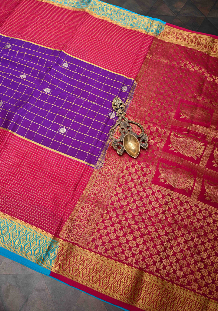 Aubergine Purple Mysore Silk Saree With Checks And Checked Panel Zari Border in KSIC Grade Thickness| SILK MARK CERTIFIED