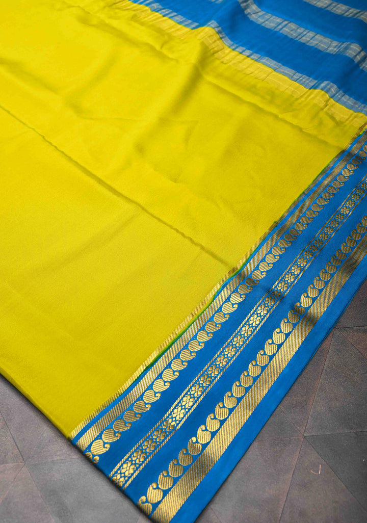 Moss Green Pure Mysore Silk Saree with Contrast Zari border in KSIC Grade Thickness | SILK MARK CERTIFIED