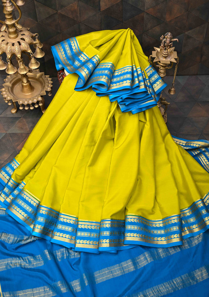 Moss Green Pure Mysore Silk Saree with Contrast Zari border in KSIC Grade Thickness | SILK MARK CERTIFIED