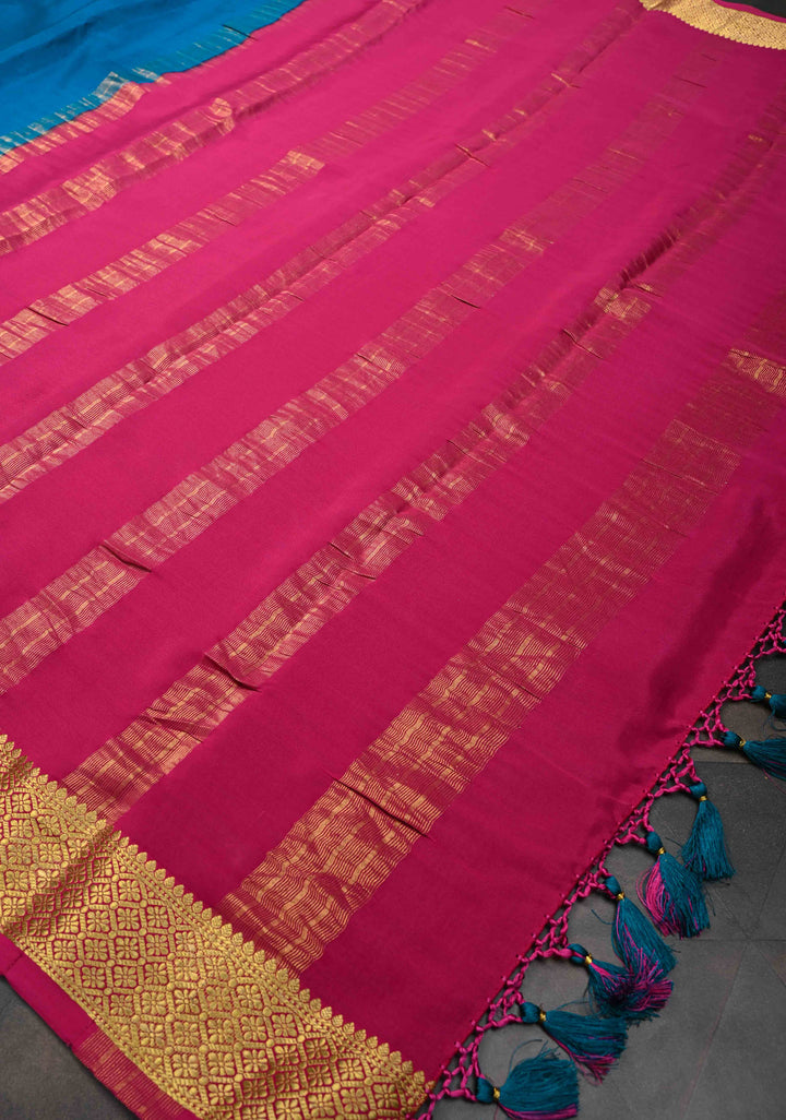 Imperial blue Mysore Silk Saree with Contrast Zari Border | SILK MARK CERTIFIED