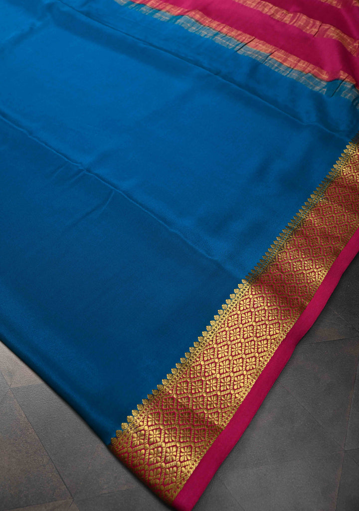 Imperial blue Mysore Silk Saree with Contrast Zari Border | SILK MARK CERTIFIED