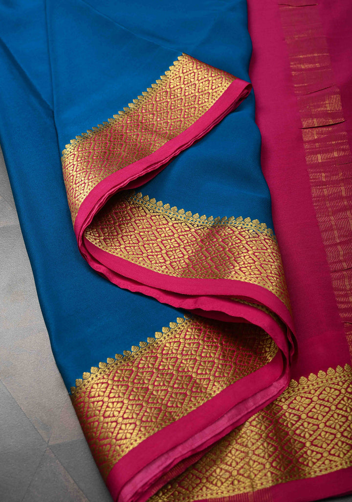 Imperial blue Mysore Silk Saree with Contrast Zari Border | SILK MARK CERTIFIED