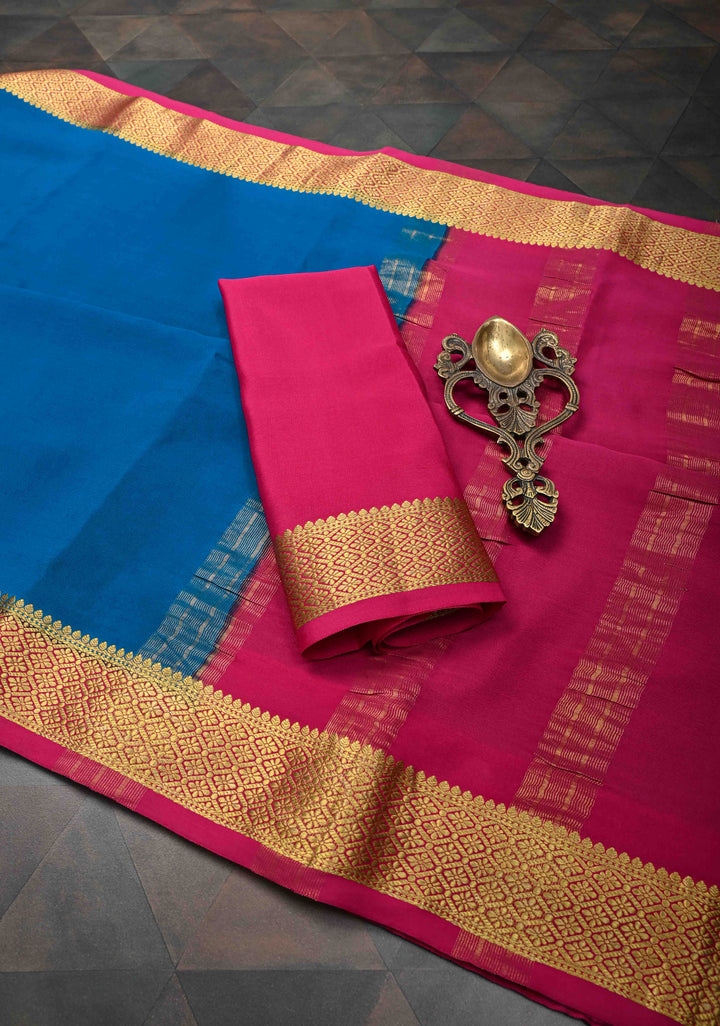 Imperial blue Mysore Silk Saree with Contrast Zari Border | SILK MARK CERTIFIED