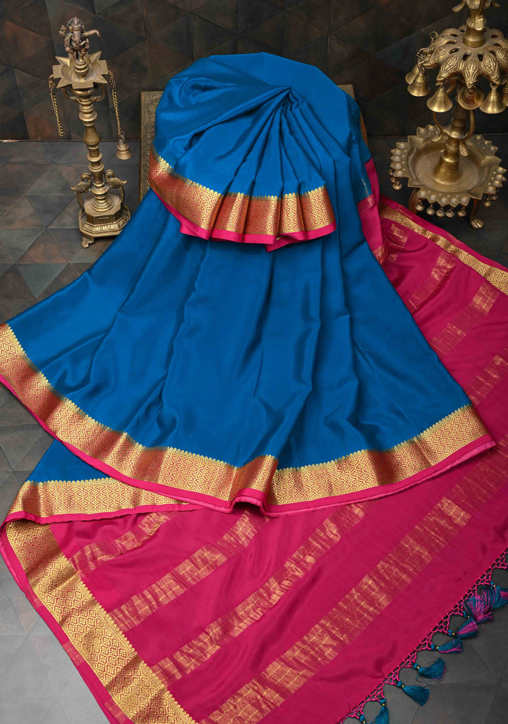 Imperial blue Mysore Silk Saree with Contrast Zari Border | SILK MARK CERTIFIED
