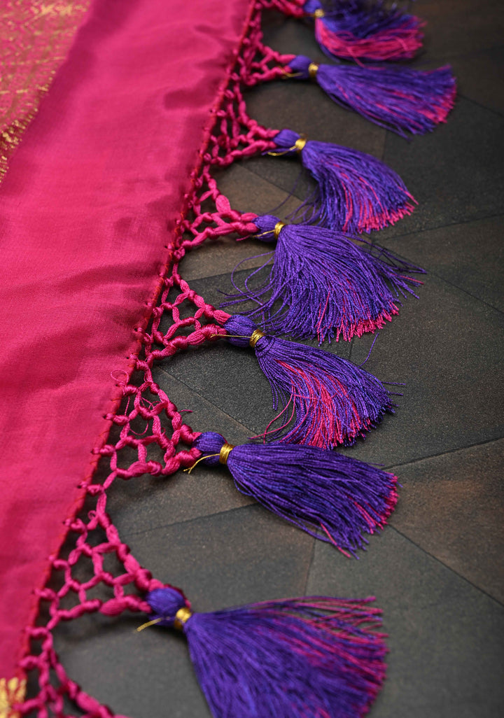 Purple Zari Checks on Pure Mysore Silk saree Floral Zari Motifs And Podi Kattam Border in KSIC Grade Thickness | SILK MARK CERTIFIED