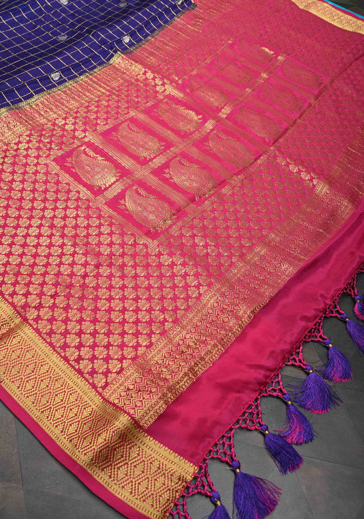 Purple Zari Checks on Pure Mysore Silk saree Floral Zari Motifs And Podi Kattam Border in KSIC Grade Thickness | SILK MARK CERTIFIED