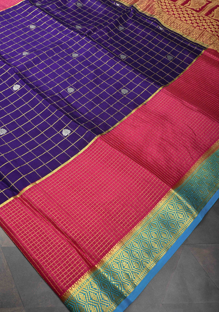 Purple Zari Checks on Pure Mysore Silk saree Floral Zari Motifs And Podi Kattam Border in KSIC Grade Thickness | SILK MARK CERTIFIED