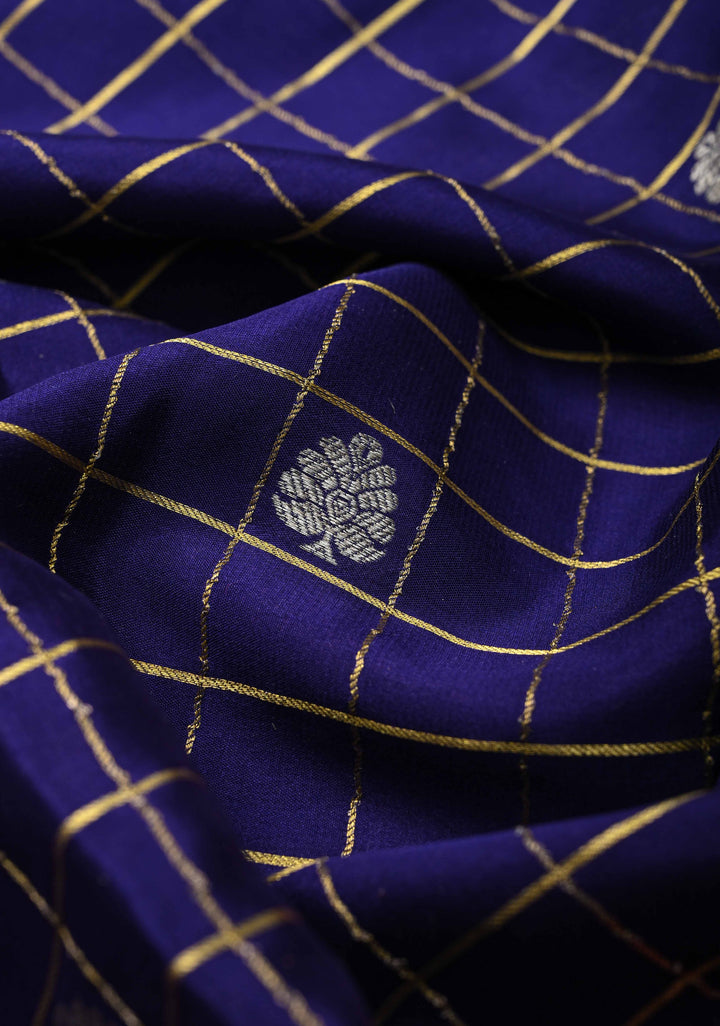 Purple Zari Checks on Pure Mysore Silk saree Floral Zari Motifs And Podi Kattam Border in KSIC Grade Thickness | SILK MARK CERTIFIED