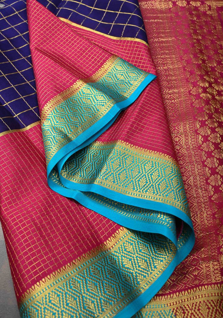 Purple Zari Checks on Pure Mysore Silk saree Floral Zari Motifs And Podi Kattam Border in KSIC Grade Thickness | SILK MARK CERTIFIED