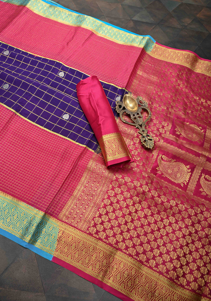 Purple Zari Checks on Pure Mysore Silk saree Floral Zari Motifs And Podi Kattam Border in KSIC Grade Thickness | SILK MARK CERTIFIED