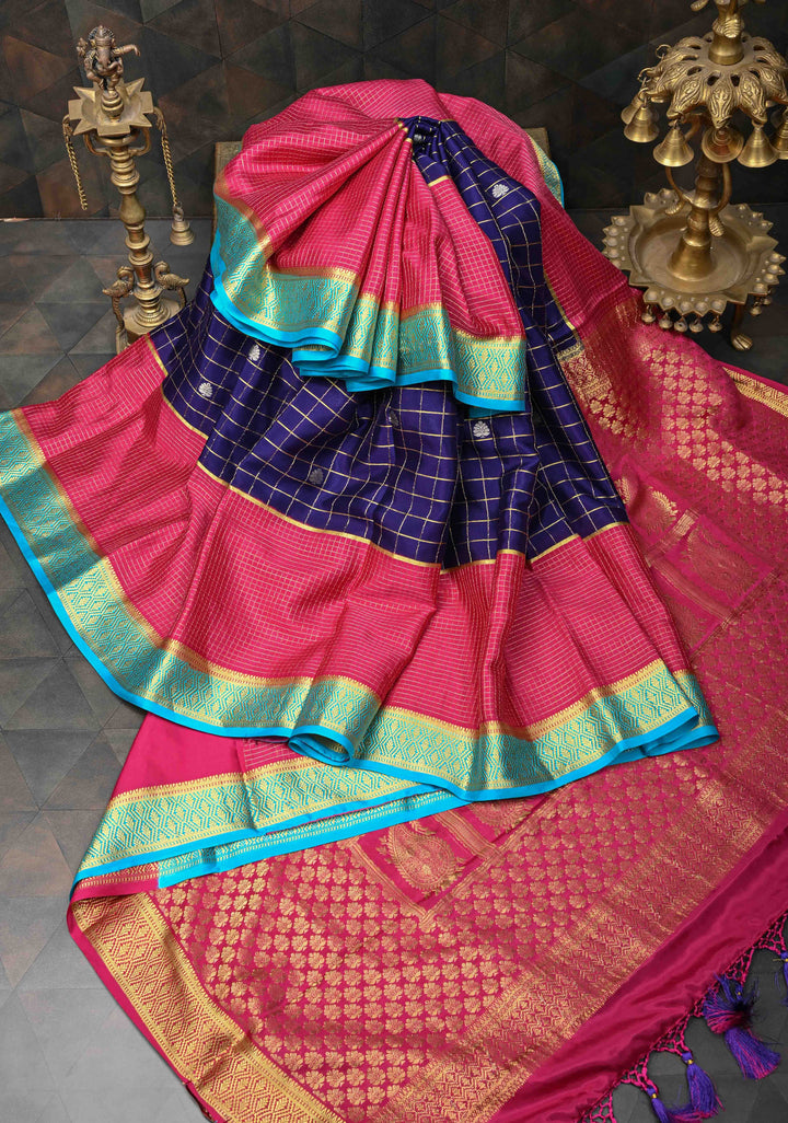 Purple Zari Checks on Pure Mysore Silk saree Floral Zari Motifs And Podi Kattam Border in KSIC Grade Thickness | SILK MARK CERTIFIED