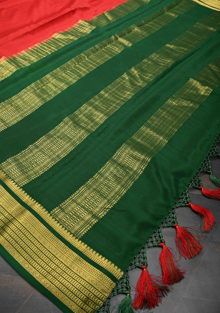 Red Mysore Silk Saree with Contrast Zari Border | SILK MARK CERTIFIED