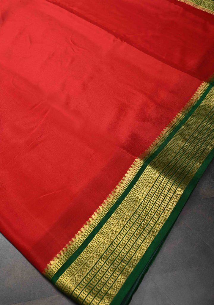 Red Mysore Silk Saree with Contrast Zari Border | SILK MARK CERTIFIED