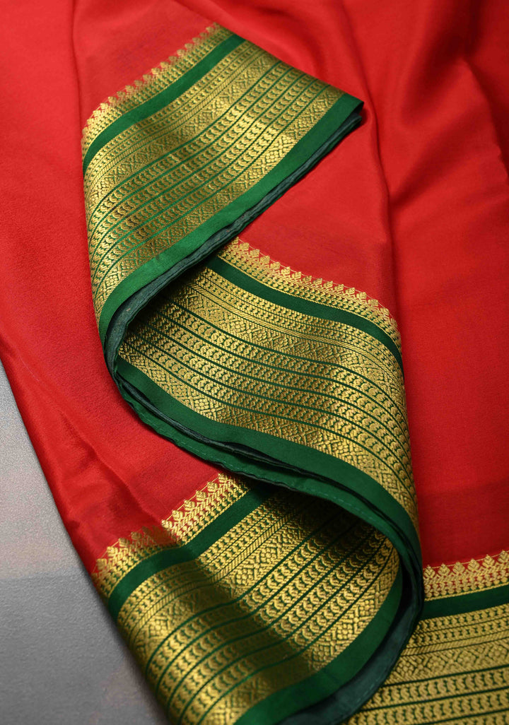 Red Mysore Silk Saree with Contrast Zari Border | SILK MARK CERTIFIED