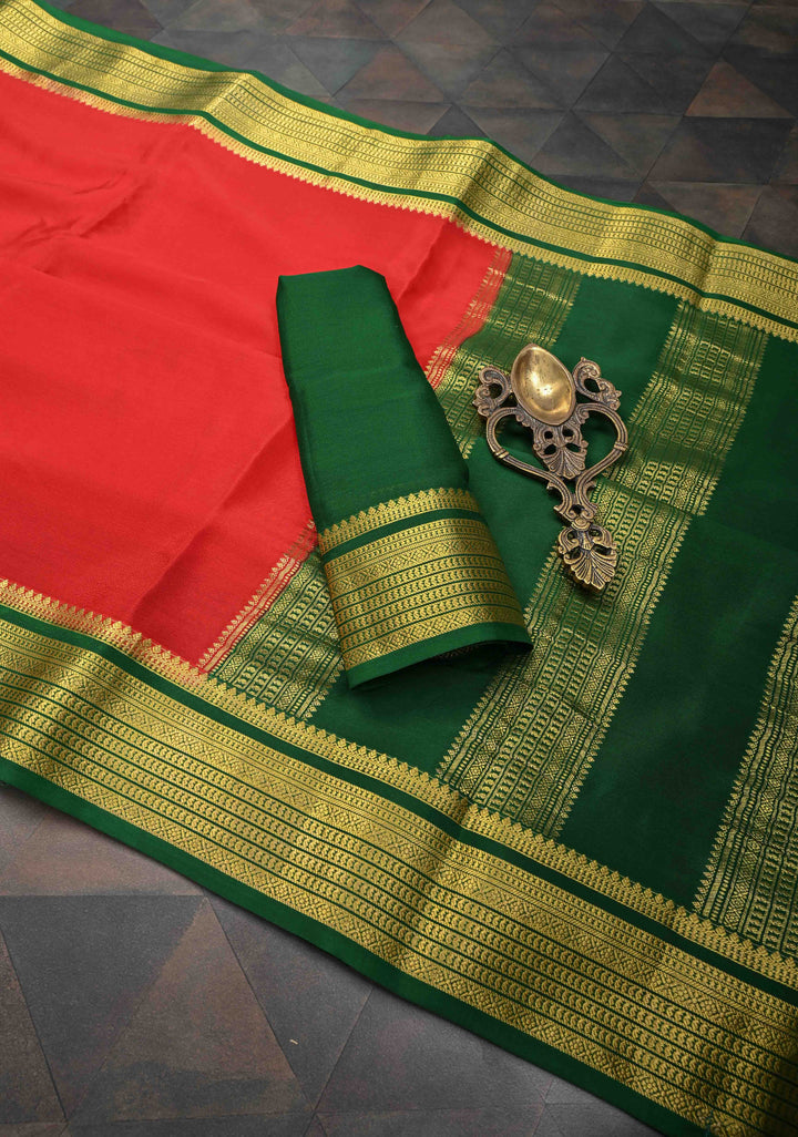 Red Mysore Silk Saree with Contrast Zari Border | SILK MARK CERTIFIED