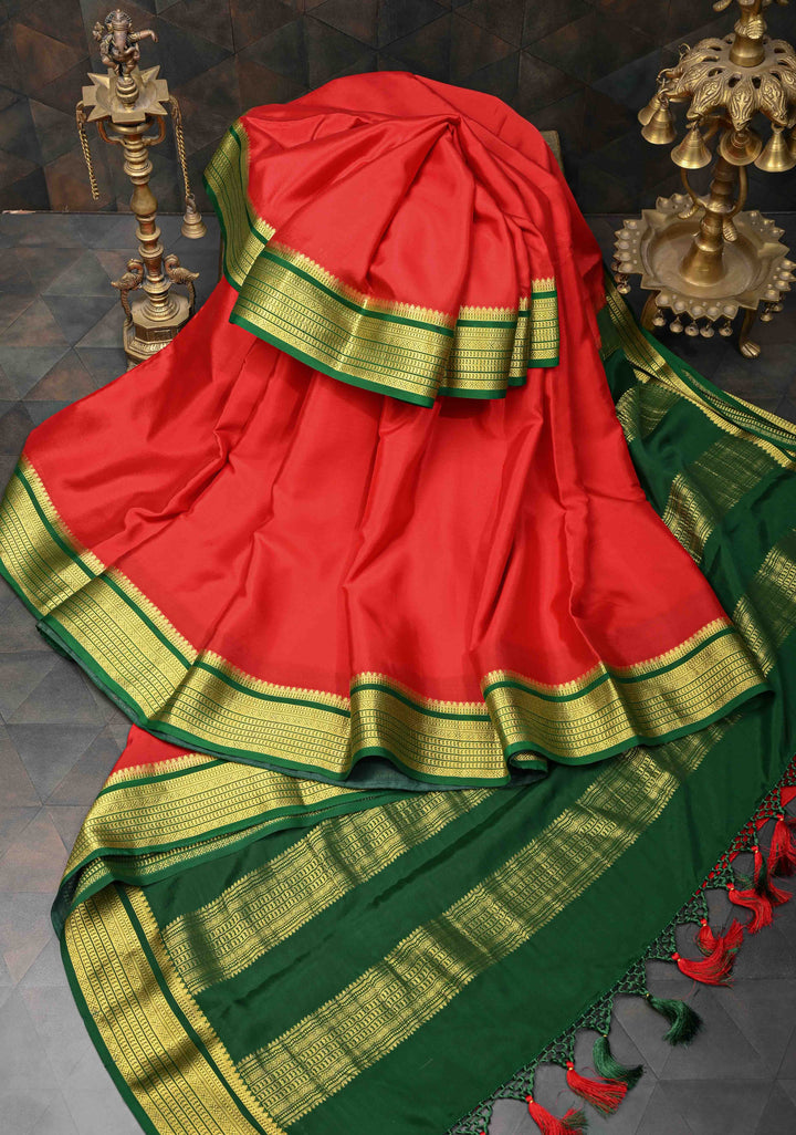 Red Mysore Silk Saree with Contrast Zari Border | SILK MARK CERTIFIED