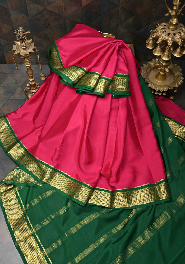 Magenta Mysore Silk Saree with Contrast Zari Border | SILK MARK CERTIFIED