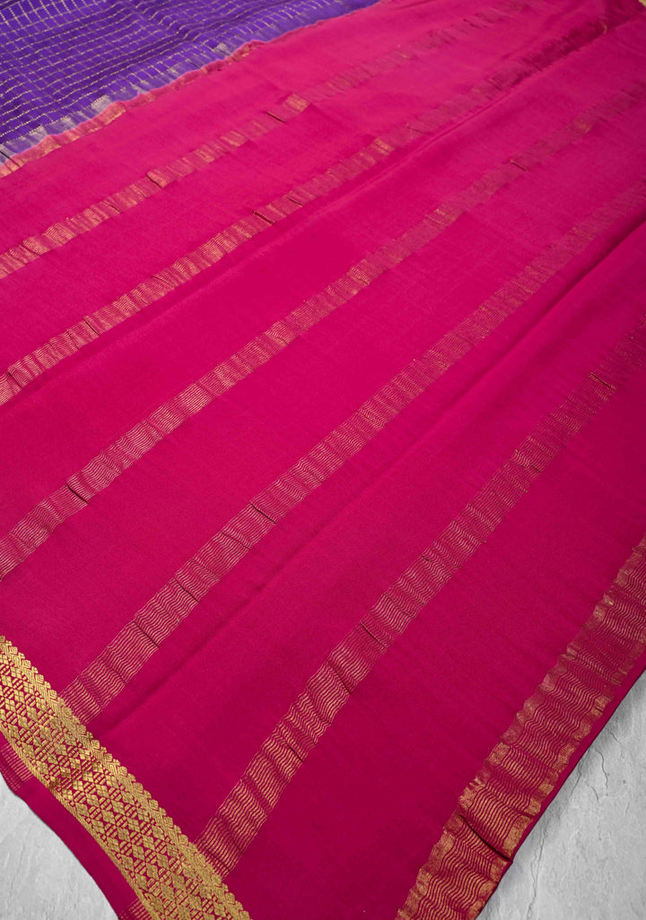 Purple Pure Mysore Silk saree with Zari Checks and Zari Border in KSIC Grade Thickness | SILK MARK CERTIFIED