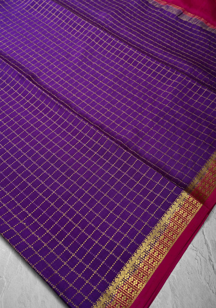Purple Pure Mysore Silk saree with Zari Checks and Zari Border in KSIC Grade Thickness | SILK MARK CERTIFIED