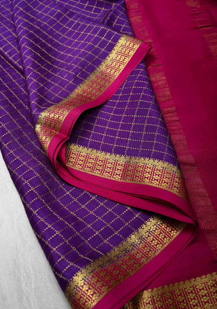 Purple Pure Mysore Silk saree with Zari Checks and Zari Border in KSIC Grade Thickness | SILK MARK CERTIFIED