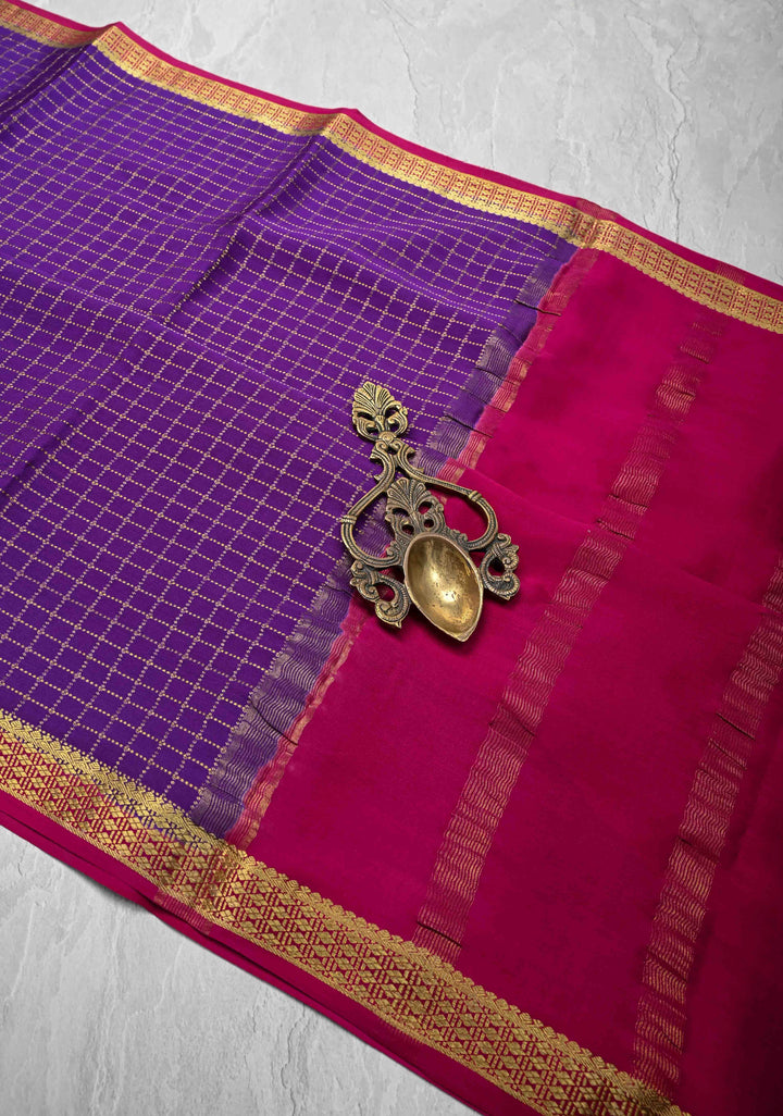 Purple Pure Mysore Silk saree with Zari Checks and Zari Border in KSIC Grade Thickness | SILK MARK CERTIFIED