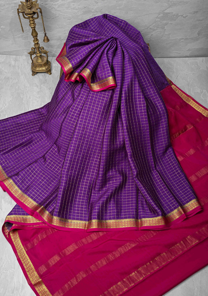Purple Pure Mysore Silk saree with Zari Checks and Zari Border in KSIC Grade Thickness | SILK MARK CERTIFIED