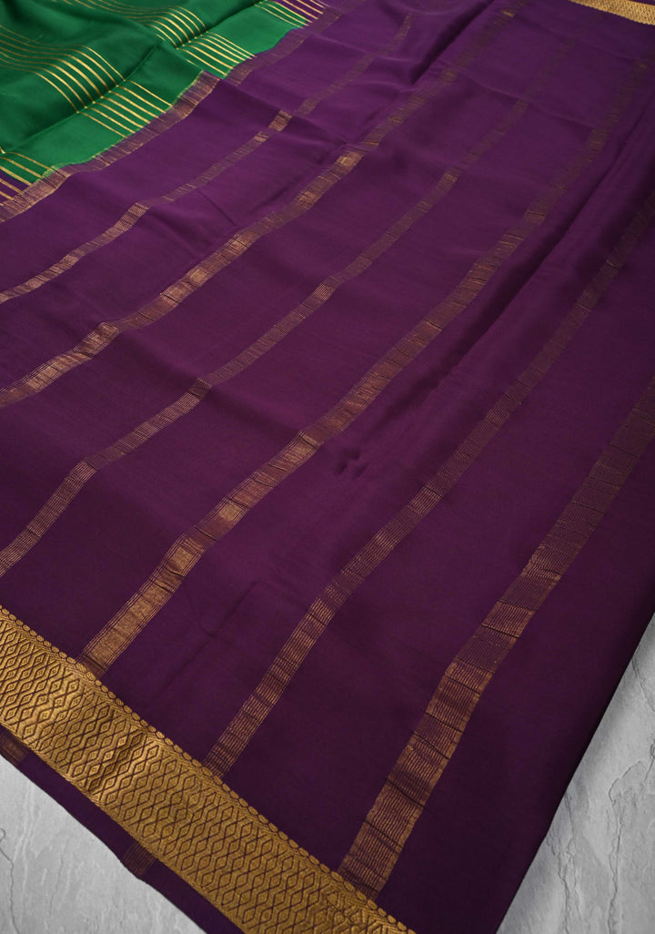 Bottle Green Mysore Silk Saree with Horizontal Zari Stripes and Contrast Panel Border in KSIC Grade Thickness | SILK MARK CERTIFIED