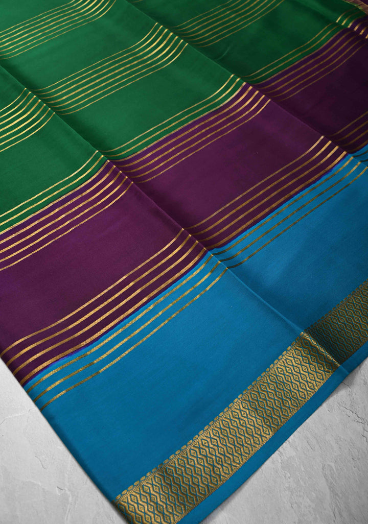Bottle Green Mysore Silk Saree with Horizontal Zari Stripes and Contrast Panel Border in KSIC Grade Thickness | SILK MARK CERTIFIED