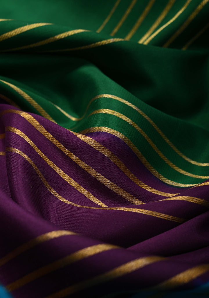 Bottle Green Mysore Silk Saree with Horizontal Zari Stripes and Contrast Panel Border in KSIC Grade Thickness | SILK MARK CERTIFIED