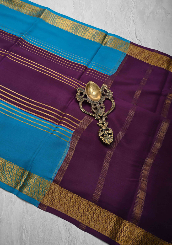 Bottle Green Mysore Silk Saree with Horizontal Zari Stripes and Contrast Panel Border in KSIC Grade Thickness | SILK MARK CERTIFIED