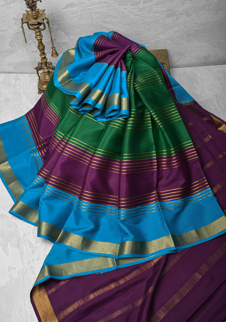 Bottle Green Mysore Silk Saree with Horizontal Zari Stripes and Contrast Panel Border in KSIC Grade Thickness | SILK MARK CERTIFIED