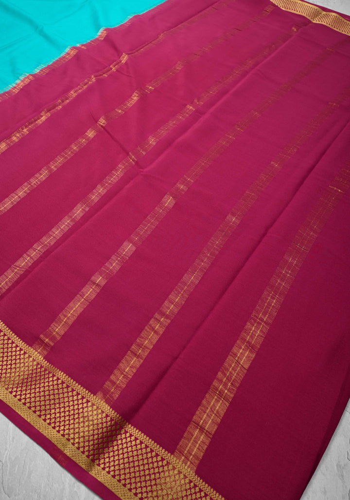 Turquoise blue Mysore Silk Saree with Contrast Zari Border | SILK MARK CERTIFIED