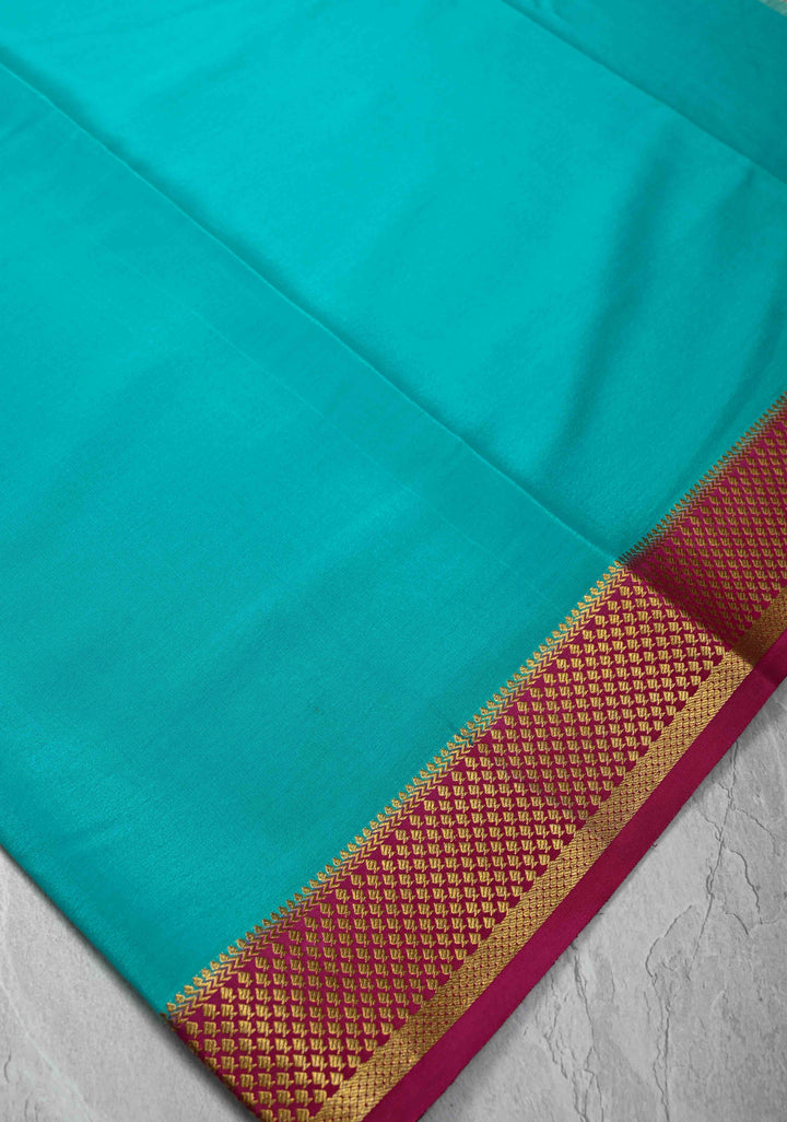Turquoise blue Mysore Silk Saree with Contrast Zari Border | SILK MARK CERTIFIED