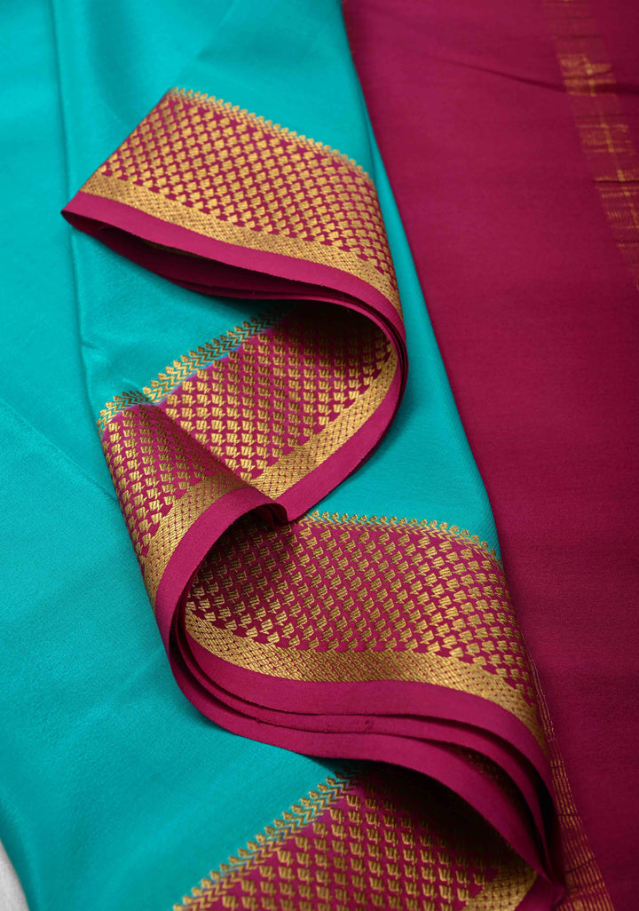 Turquoise blue Mysore Silk Saree with Contrast Zari Border | SILK MARK CERTIFIED