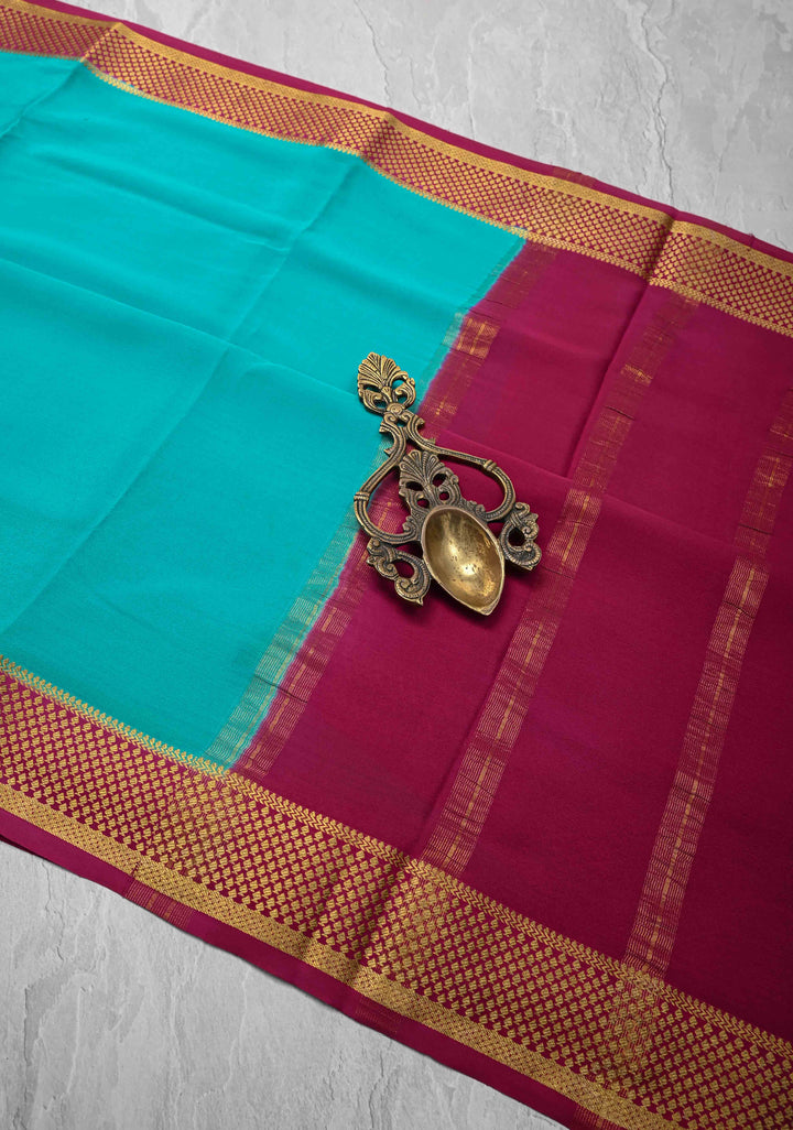 Turquoise blue Mysore Silk Saree with Contrast Zari Border | SILK MARK CERTIFIED
