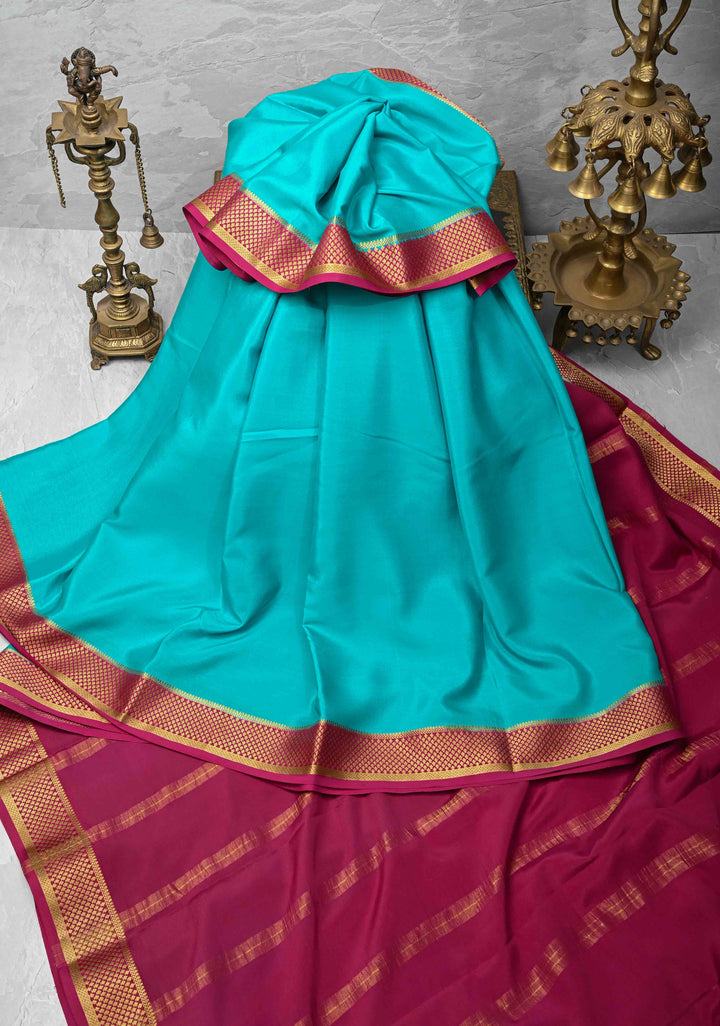 Turquoise blue Mysore Silk Saree with Contrast Zari Border | SILK MARK CERTIFIED