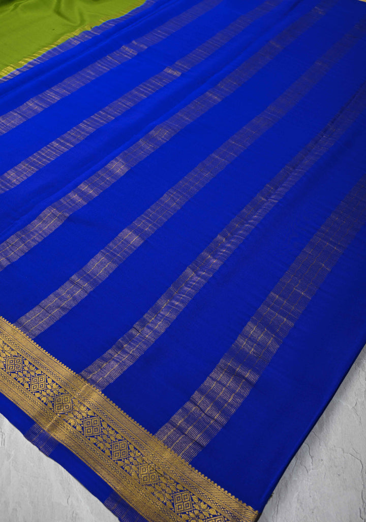 Sap Green Mysore Silk Saree with Contrast Zari Border | SILK MARK CERTIFIED