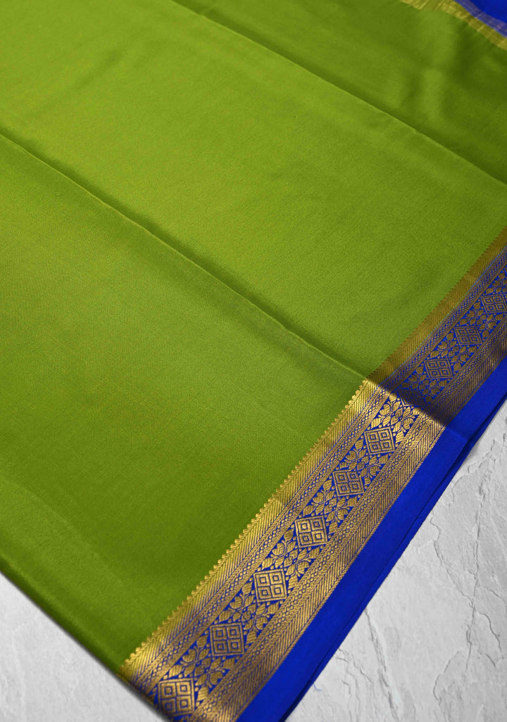 Sap Green Mysore Silk Saree with Contrast Zari Border | SILK MARK CERTIFIED