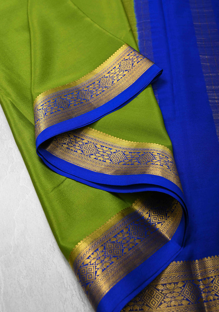 Sap Green Mysore Silk Saree with Contrast Zari Border | SILK MARK CERTIFIED