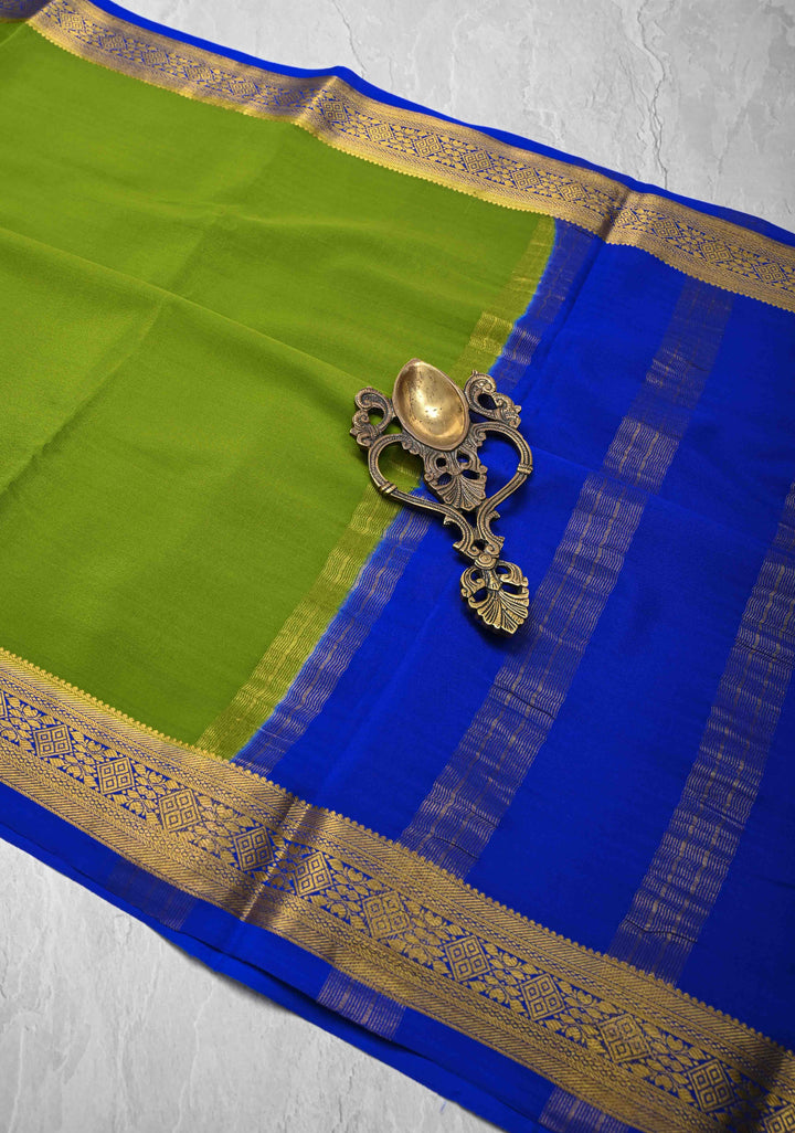 Sap Green Mysore Silk Saree with Contrast Zari Border | SILK MARK CERTIFIED