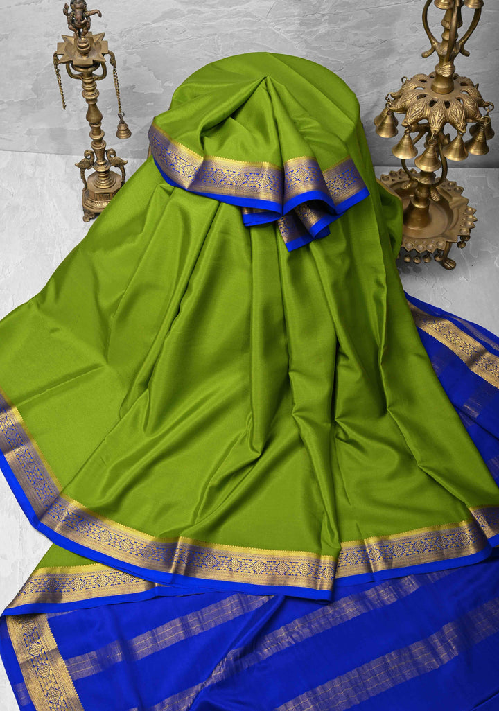 Sap Green Mysore Silk Saree with Contrast Zari Border | SILK MARK CERTIFIED