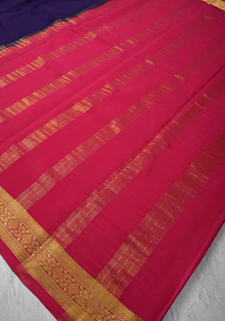 Dark Purple Mysore Silk Saree with Contrast Zari Border | SILK MARK CERTIFIED