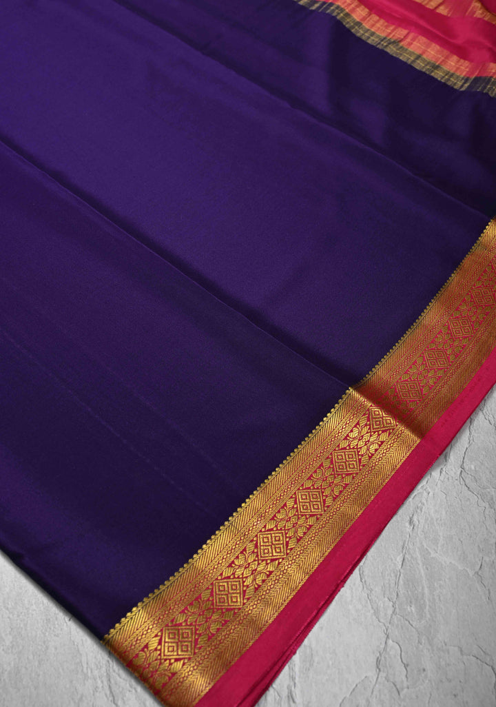 Dark Purple Mysore Silk Saree with Contrast Zari Border | SILK MARK CERTIFIED