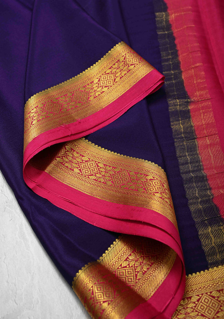 Dark Purple Mysore Silk Saree with Contrast Zari Border | SILK MARK CERTIFIED